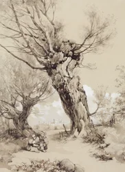 Paysage avec des figures sous des arbres étêtés