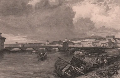 Vue du fleuve Arno à Pise, Toscane, Italie, gravure sur acier par Thomas Higham d
