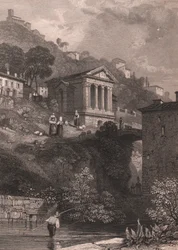 Vue du Temple de Clitumnus le long de la rivière Clitunno près de Campello sul Clitunno, Ombrie, Italie, gravure sur acier par Jordan d