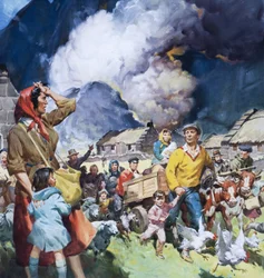 Familles quittant une catastrophe naturelle