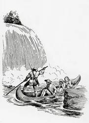 Les personnages principaux dans un canoë près d