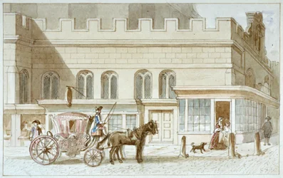 Façades de magasins près de St Dunstan-in-the-West, Fleet Street, City of London, 1820