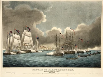 Bataille de la baie de Plattsburg : Victoire de McDonough, pub. 1840 (gravure en couleur)