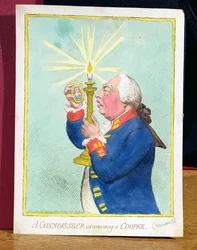 Un connaisseur examinant un Cooper, George III craignant une nouvelle révolution, regarde un portrait de Cromwell