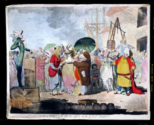 A Sale of English Beauties in the East Indies, publié par W. Holland en 1786 (eau-forte colorée à la main avec aquatinte)