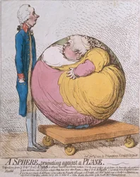 Une sphère projetée contre un plan, publié par Hannah Humphrey en 1792 (gravure à la main)