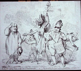 Alecto et son train à la porte du Pandémonium, ou Le sergent recruteur enrôlant John Bull dans le service de la Révolution, publié par S.W. Fores en 1791