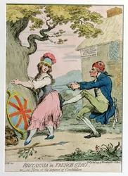 Britannia en corset français, ou réforme au détriment de la constitution, publié par Hannah Humphrey en 1793 (gravure à la main)
