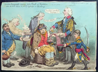 Dr Sangrado soignant John Bull de la déplétion, publié par Hannah Humphrey en 1803 (eau-forte colorée à la main)