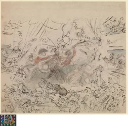 Néerlandais : Le spectacle du monde : les guerres napoléoniennes (recto).  Liste de sujets "dignes du talent des artistes britanniques" (verso)