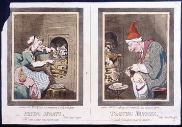 Friture de sprats, ou souper royal, et grillage de muffins, ou petit-déjeuner royal, publié par Hannah Humphrey en 1791 (eau-forte coloriée à la main)