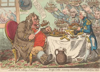 John Bull prenant un déjeuner - ou - Des cuisiniers britanniques gavant le vieux Grincheux-Estomac de bonne chère (de : Caricature, vol. 1)