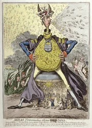 Midas transformant tout en or, publié par Hannah Humphrey en 1797 (eau-forte coloriée à la main)