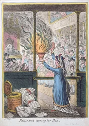 Pandora ouvrant sa boîte, publié par Hannah Humphrey, 1809