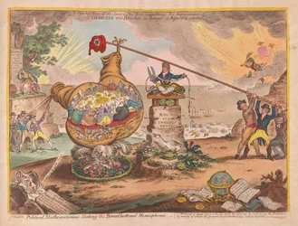 Mathématiciens politiques secouant les hémisphères à fond de planche, publié en 1807