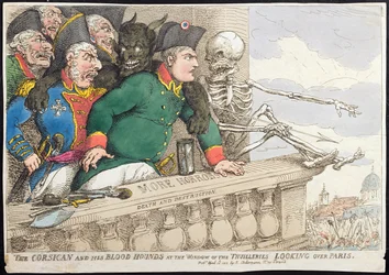 Le Corse et ses chiens de sang à la fenêtre des Tuileries, regardant Paris, publié par Hannah Humphrey en 1815