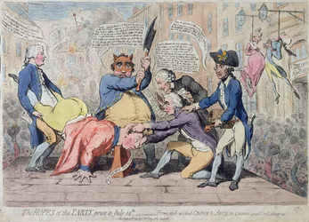 Les espoirs du parti, avant le 14 juillet - "From such wicked Crown and Anchor-Dreams, good Lord deliver us", publié par S.W. Fores en 1791 (eau-forte coloriée à la main)