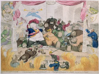 The Surrender of Amsterdam, or The Duke of Brunswick (1771-1815) in a Bustle, publié par S.W. Fores en 1787 (eau-forte coloriée à la main)