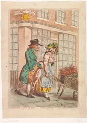 Femme avec une brouette de carottes devant la vitrine du libraire Robert Faulder à Londres