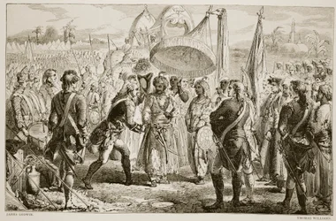 La rencontre de Lord Clive avec Meer Jaffier, après la bataille de Plassey, gravée par Thomas Williams