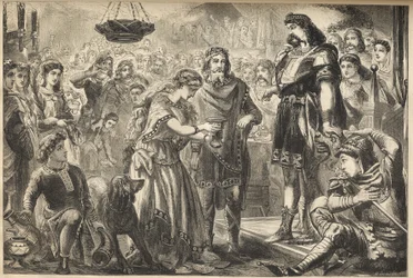 Vortigern (Gwrtheyrn) (5e siècle) roi des Bretons et Rowena - Rowena, fille de Hengist, offre du vin à Vortigern, roi tribal des Bretons - Vortigern, roi de Bretagne, amoureux de Rowena au banquet de Hengist, le général saxon - gravure