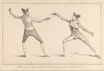 Position pour la garde de tierce, et le coup de quarte sur les armes