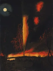 Puits de pétrole en feu la nuit, près de Rouseville, Pennsylvanie