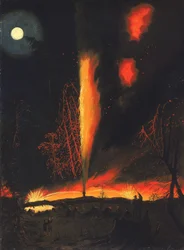 Puits de pétrole en feu la nuit, près de Rouseville, Pennsylvanie