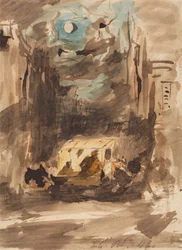 Une rue la nuit avec des figures à un étal