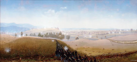Le 7e Maine avançant sur des corps de Confédérés dans la "Sunken Road" (huile sur toile)