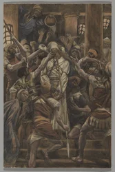 Mauvais traitements dans la Maison de Caïphe, illustration de La Vie de Notre Seigneur Jésus-Christ, 1886-94