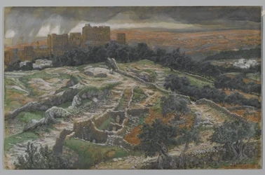 Reconstruction du Golgotha et du Saint-Sépulcre, vue depuis la porte judiciaire, illustration de La vie de notre Seigneur Jésus-Christ