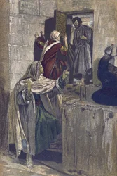 Le premier reniement de Saint Pierre - Le premier reniement de Saint Pierre - de "La Vie de Notre Seigneur Jésus-Christ" - 1899 par James Tissot - La vie de notre seigneur Jésus-Christ, par Jacques Joseph (Jacques Joseph) Tissot dit James Tissot (1836-1902