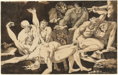 Figures masculines nues portant les corps de leurs compagnons morts