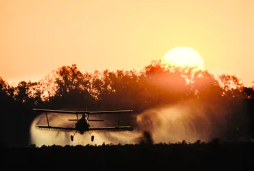 Le biplan Crop duster pulvérise des pesticides sur un champ de cultures le long du fleuve Mississippi.