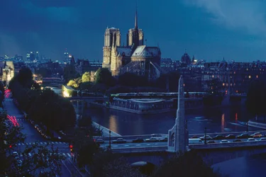 Vue extérieure de Notre-Dame la nuit. Paris, France.