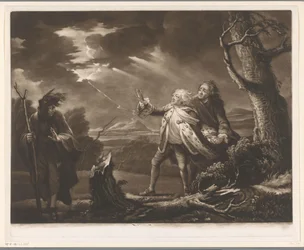 David Garrick en roi Lear avec le comte de Kent et Edgar déguisé en Tom dans un paysage orageux