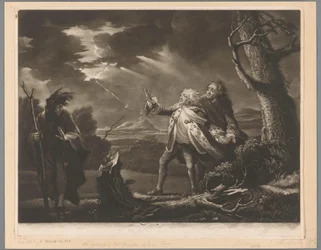 David Garrick comme roi Lear avec le comte de Kent et Edgar déguisé en Tom dans un paysage orageux