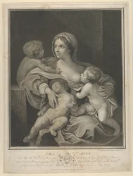 Charité assise nourrissant un nourrisson, un autre dormant sur ses genoux et un troisième lui parlant, 1793