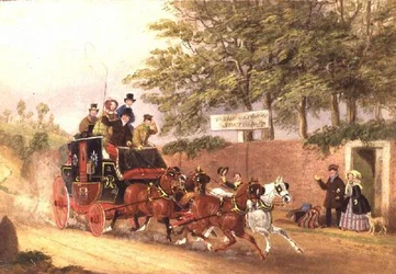 Un coche de poste dépassant des voyageurs sur une route