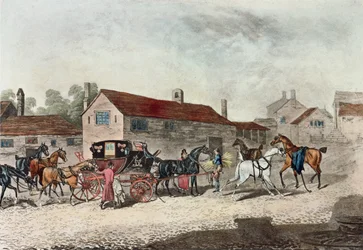 Le changement de chevaux de la malle-poste, gravé par R. Havell, 1815