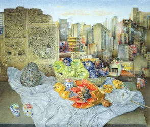 Nature morte avec papaye et paysage urbain, 2000