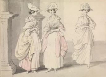 Trois dames debout sur une terrasse