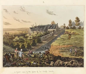 Vue de face de la ferme de La Haye Sainte, tirée de "An Historical Account of the Battle of Waterloo".