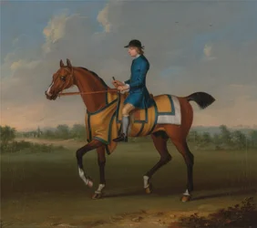 Un cheval de course bai avec un jockey