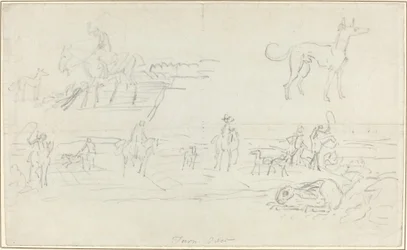 Chasseurs avec chiens et un lièvre accroupi [recto]