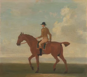 Un des quatre portraits de chevaux - un cheval de course alezan avec jockey : marchant vers la gauche ; jockey en veste jaune buff