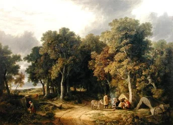 Campement dans un paysage boisé