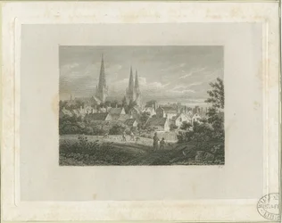 Cathédrale de Lichfield - Vue nord-nord-ouest (lointaine) : gravure, nd [vers 1816]