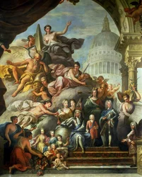 Peinture murale arrière de la salle supérieure glorifiant George I et la maison de Hanovre, 1718-24